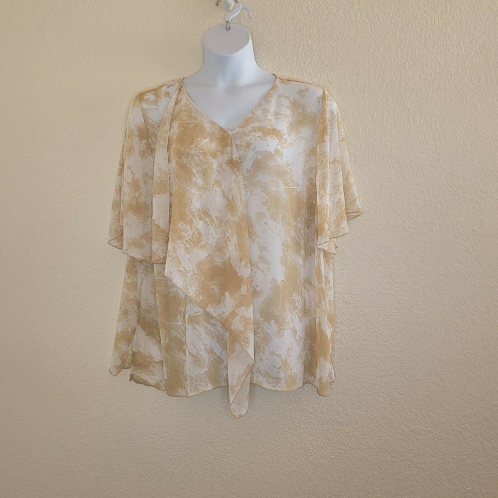 Catherines Tan & White Printed V-Neck Flutter Sleeve Draped Blouse Size 2X - Picture 4 of 11